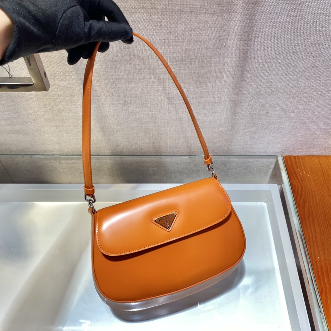 Prada Cleo Brushed Leather Shoulder Bag With Flap Orange 1BD311